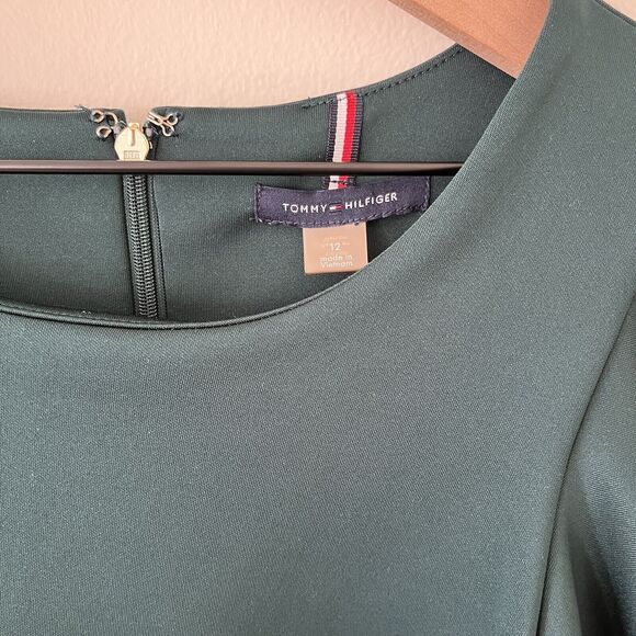 Tommy Hilfiger Forest Green Stretch Pencil Dress Size 12 Ruffle Cap Sleeve - Picture 4 of 8